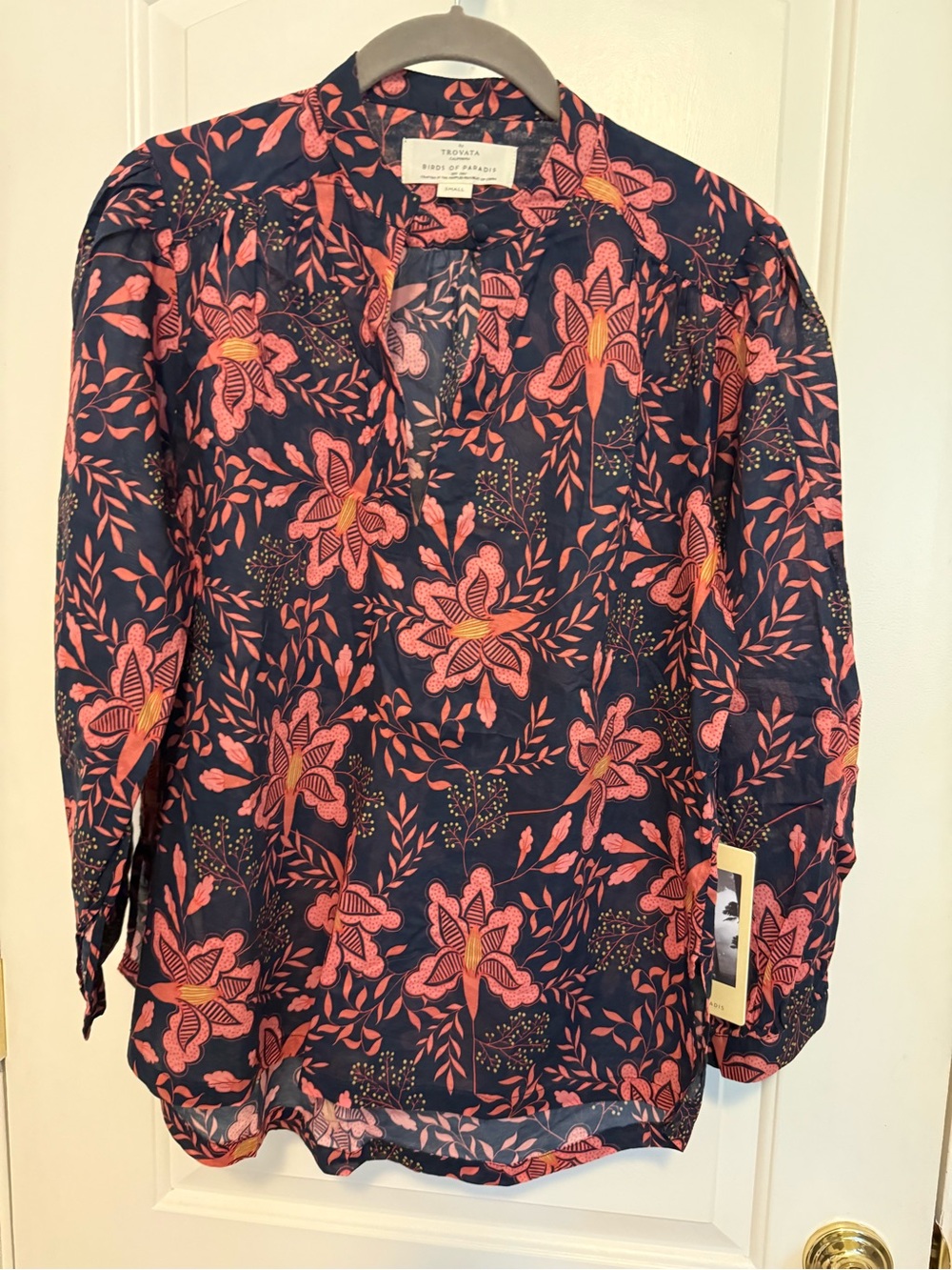 Trovata Navy Blouse with Coral Floral Print